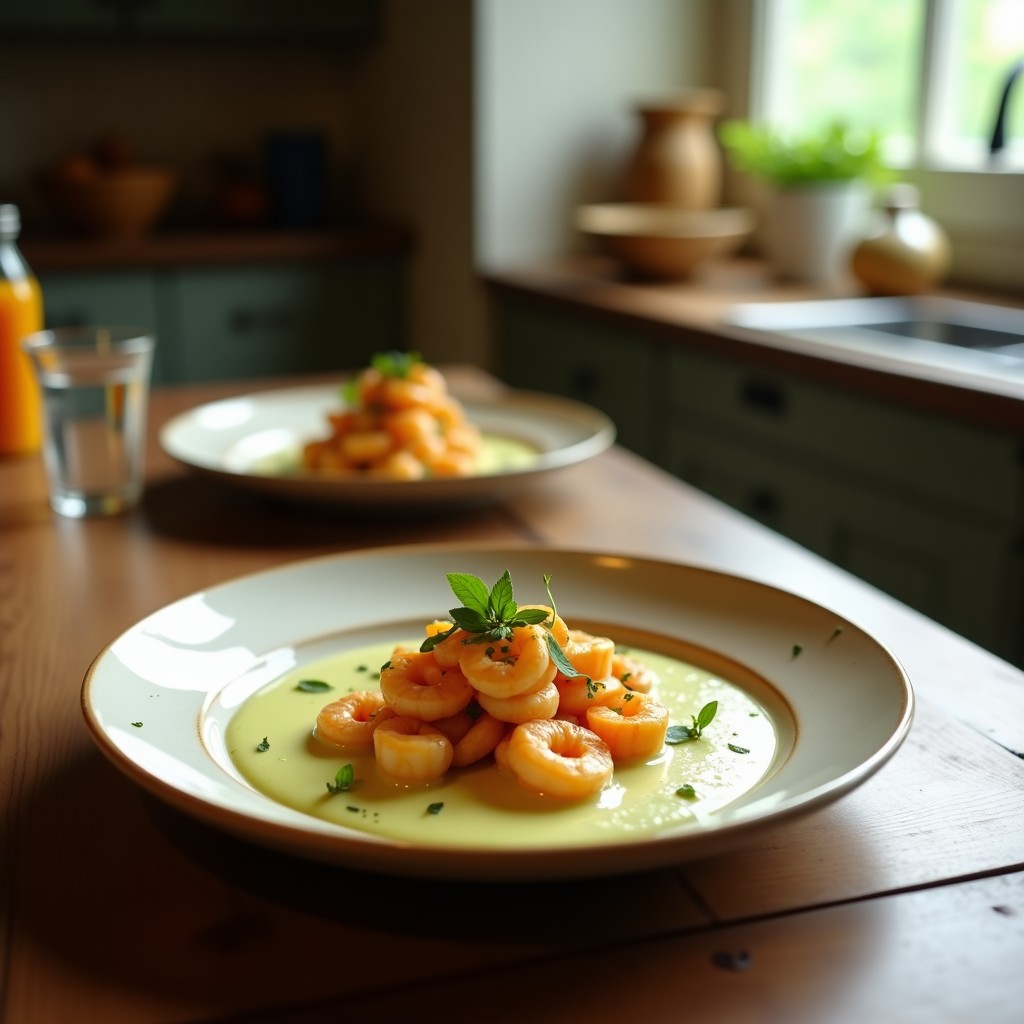 Crema de aguacate y lima con gambas crujientes al chile en un tazón de vidrio, decorado con cilantro fresco y rodajas de lima