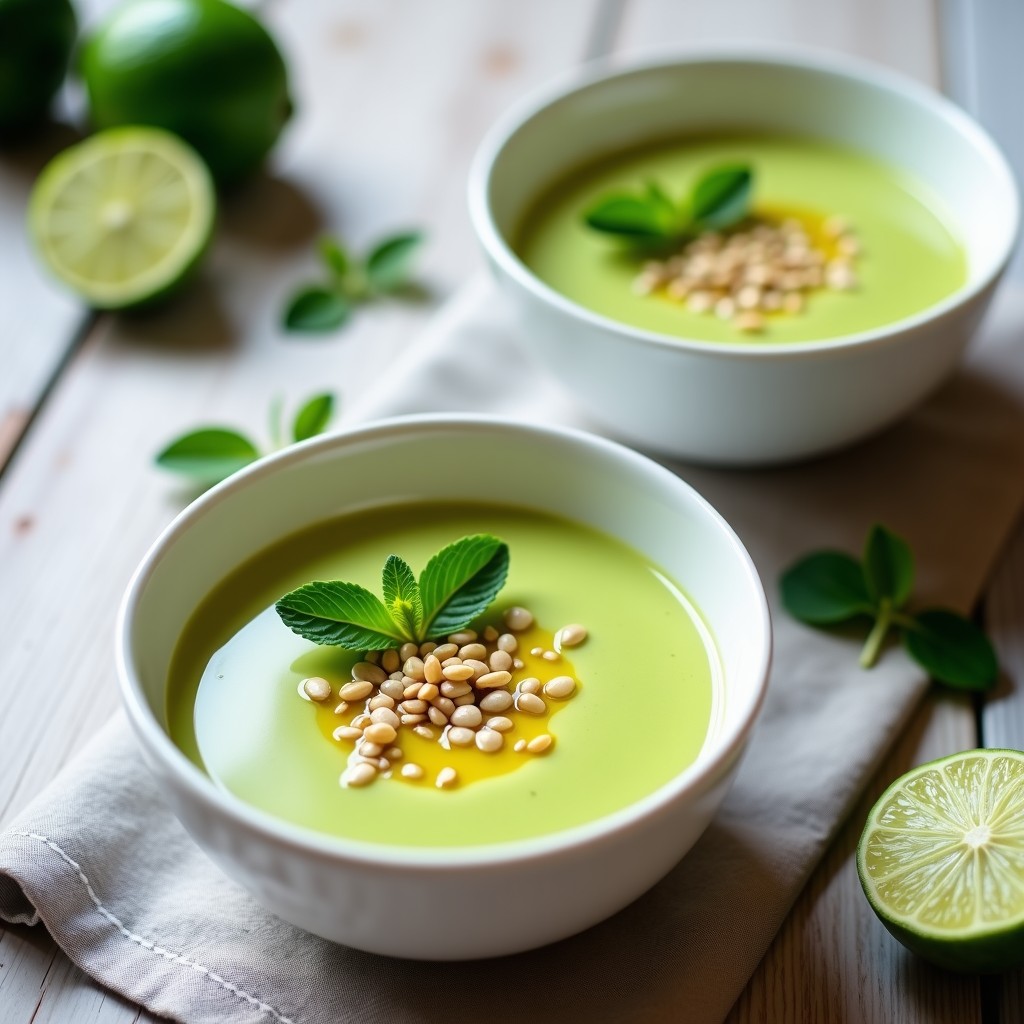 Crema fría de aguacate y lima vegana con crujiente de semillas en un tazón de vidrio, lista para ser servida