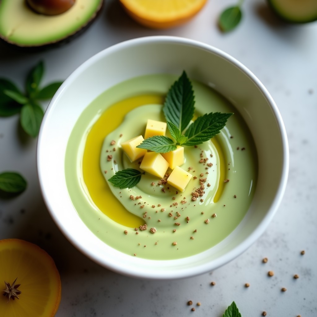 Crema fría de aguacate y piña vegana en un tazón con hojas de menta fresca y rodajas de piña