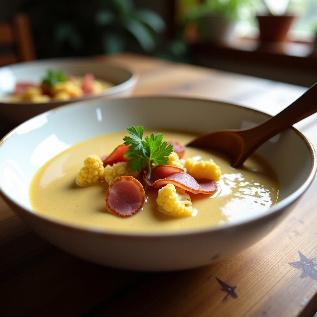 Crema de ajo negro y coliflor en airfryer servida en un bol blanco con cucharón de madera, decorada con perejil fresco y virutas de jamón ibérico.