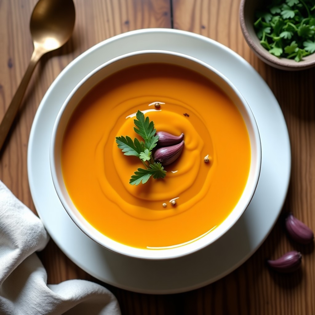 Cuenco de cerámica blanca con crema de ajo negro y patata batata, color naranja vibrante, decorado con perejil fresco y un hilo de aceite de oliva, sobre fondo rústico de madera.
