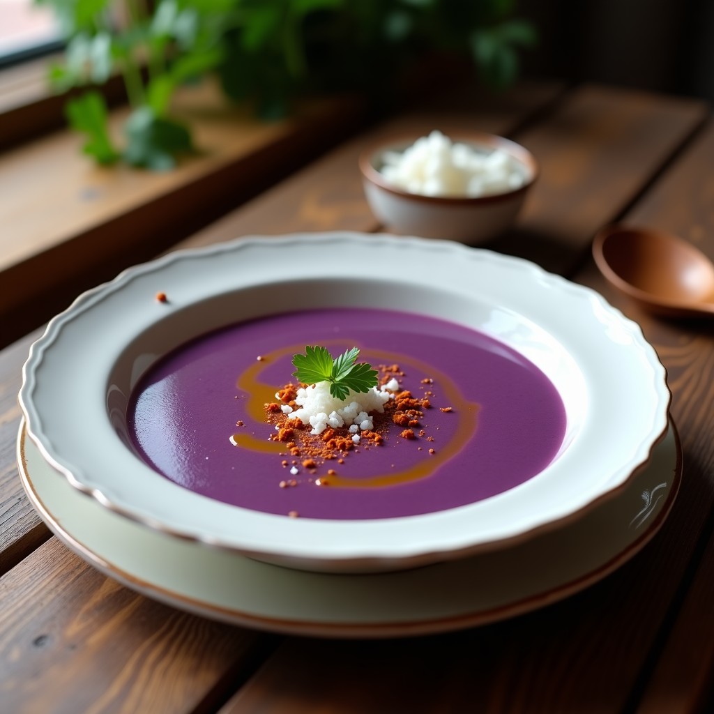 Crema de ajo negro y patata morada servida en cuenco blanco, con textura sedosa y color morado intenso, decorada con hilo de aceite de oliva virgen extra y pimentón ahumado. Plato vegano y antioxidante preparado en Thermomix.