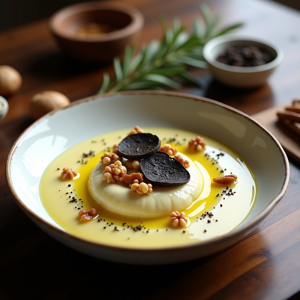 Cuenco hondo de cerámica blanca con crema de ajo negro y patata trufada, textura sedosa, decorada con nueces picadas, aceite de oliva virgen extra y láminas de trufa negra.