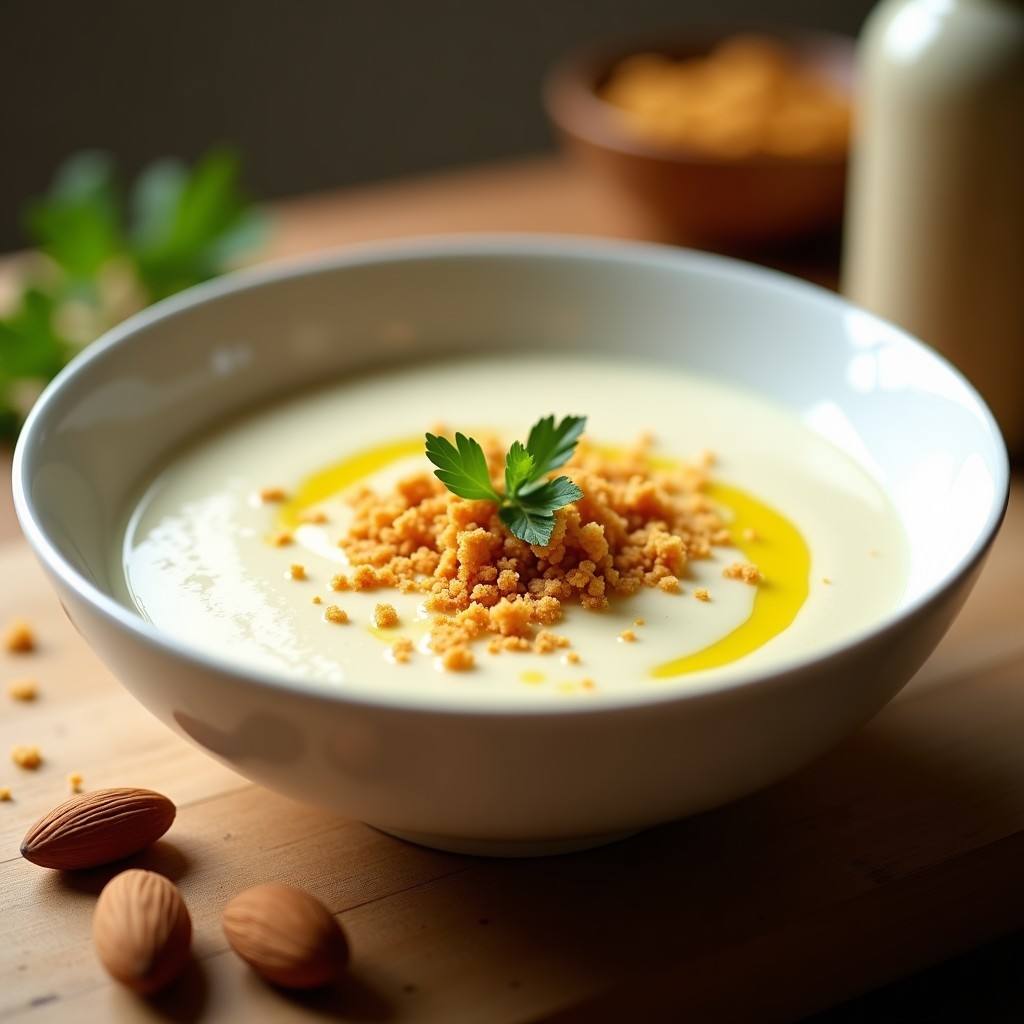 Cuenco blanco con crema de ajoblanco espesa y fría, coronada con crujiente de almendras doradas y un hilo de aceite de oliva virgen extra. Fondo rústico con detalles andaluces.
