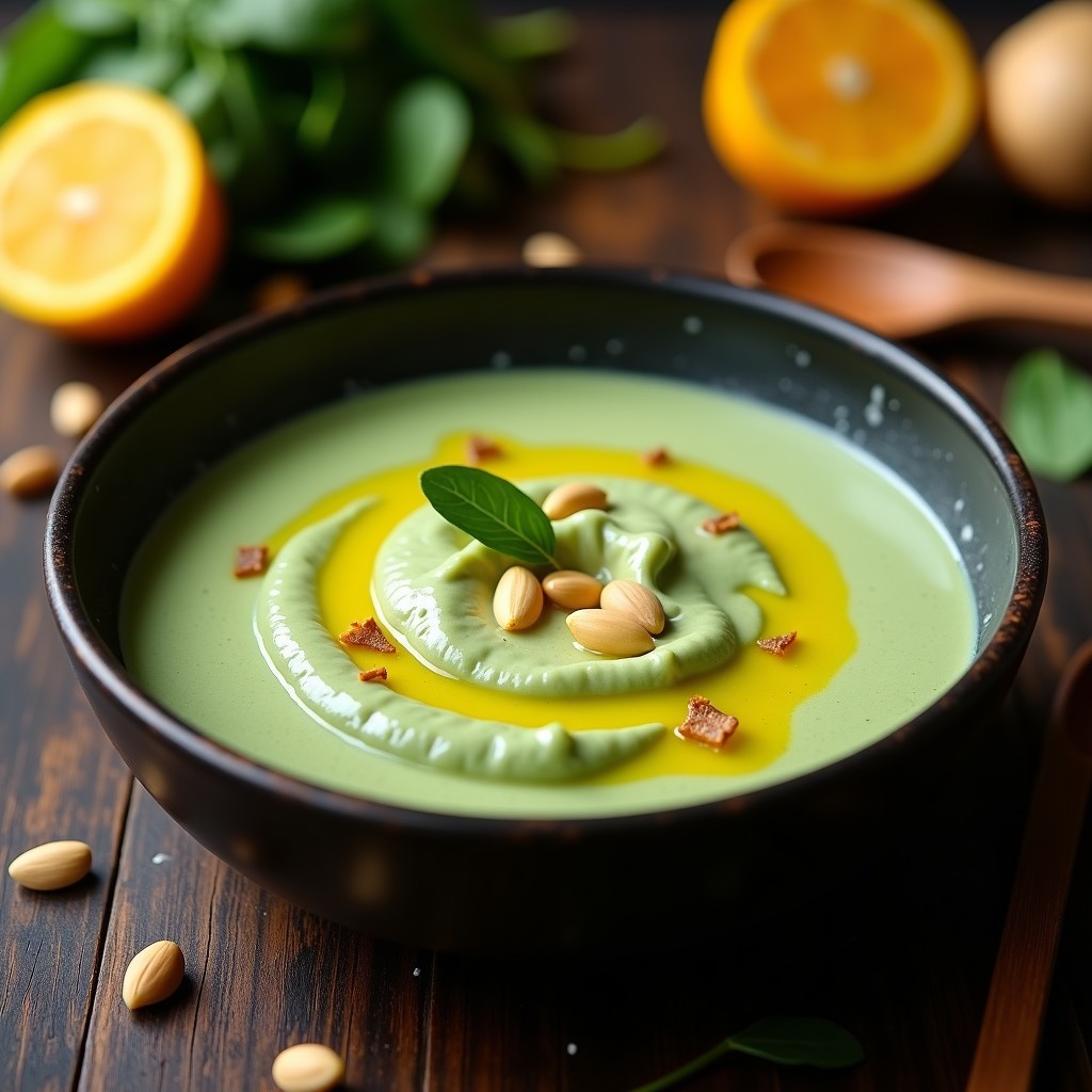 Crema de apacheta y espinacas keto en un bol blanco hondo, con textura sedosa y color verde intenso, decorada con almendras fileteadas tostadas y cilantro fresco. El plato emana vapor, destacando su frescura y el toque dorado del ají amarillo.