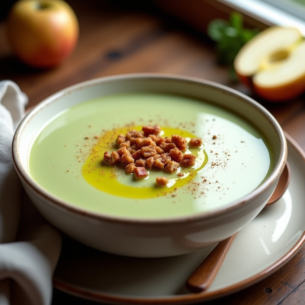 Cuenco blanco con crema de apio y manzana verde, espolvoreada con crujiente de nueces pecanas tostadas y una pizca de canela. Plato keto servido sobre mesa de madera rústica con fondo desenfocado.