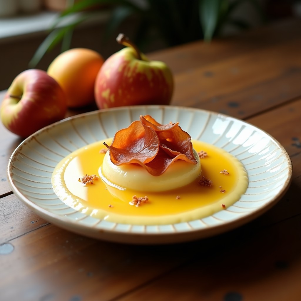 Cuenco de porcelana blanca con crema de apio y manzana de color beige claro, coronada con crujiente de jamón serrano dorado y almendras laminadas tostadas. Fondo rústico con pan de centeno y hoja de apio como decoración.