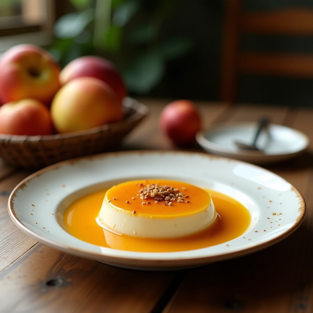 Cuenco de cerámica blanca con crema de apio y manzana de color beige claro, decorada con almendras tostadas, perejil fresco y un hilo de aceite de oliva. Fondos difuminados de especias y pétalos de jazmín, estilo sopa persa vegana reconfortante.