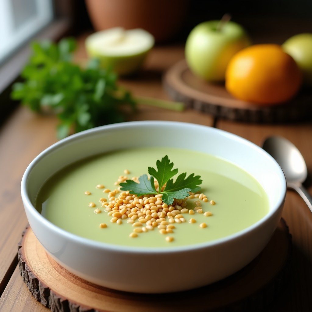 Cuenco de cerámica blanca con crema de apio y manzana vegana de color crema, decorada con semillas de sésamo tostadas y hojas de apio fresco. Fondo de madera rústica con cucharón de madera.