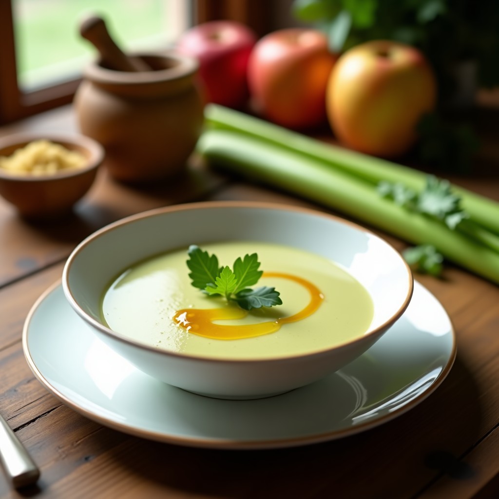 Cuenco blanco con crema de apio y manzana en olla express, textura sedosa, decorada con hojas de apio frescas y un hilo de aceite de oliva. Fondos borrosos de cocina rústica con especias y manzanas al lado.