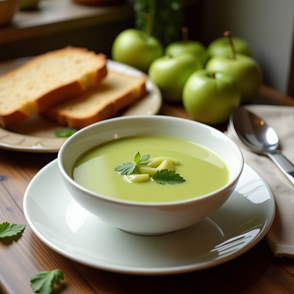 Cuenco blanco hondo con crema de apio y manzana verde de textura aterciopelada, decorada con hojas de apio, cilantro fresco y un hilo de aceite de oliva virgen extra. Plato detox y sin lácteos servido sobre una mesa de madera rústica con rodaja de limón al lado.