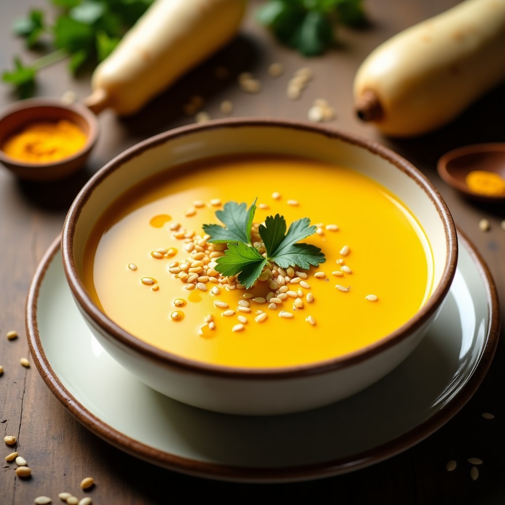 Plato hondo de cerámica blanca con crema de apio nabo y cúrcuma de color dorado intenso, decorada con hojas de cilantro fresco y semillas de sésamo tostadas. Fondo rústico con textura de madera y luz suave que resalta el brillo sedoso de la crema.