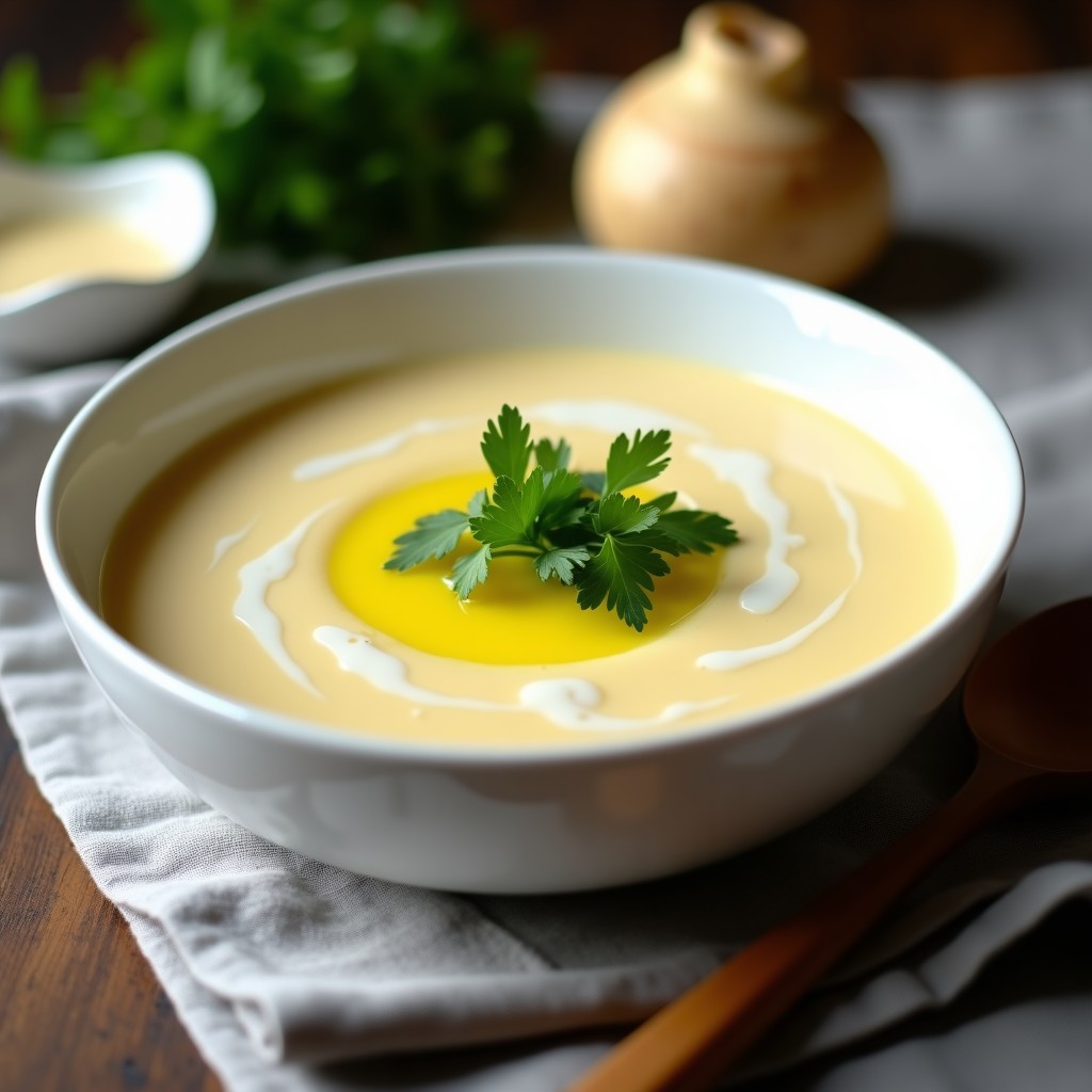Cuenco hondo de cerámica blanca con crema de apio nabo y jengibre, de color beige claro y textura aterciopelada, decorada con cilantro fresco picado y un hilo de aceite de oliva. Fondo rústico con pan integral tostado al lado. Receta detox en olla express sin lácteos.