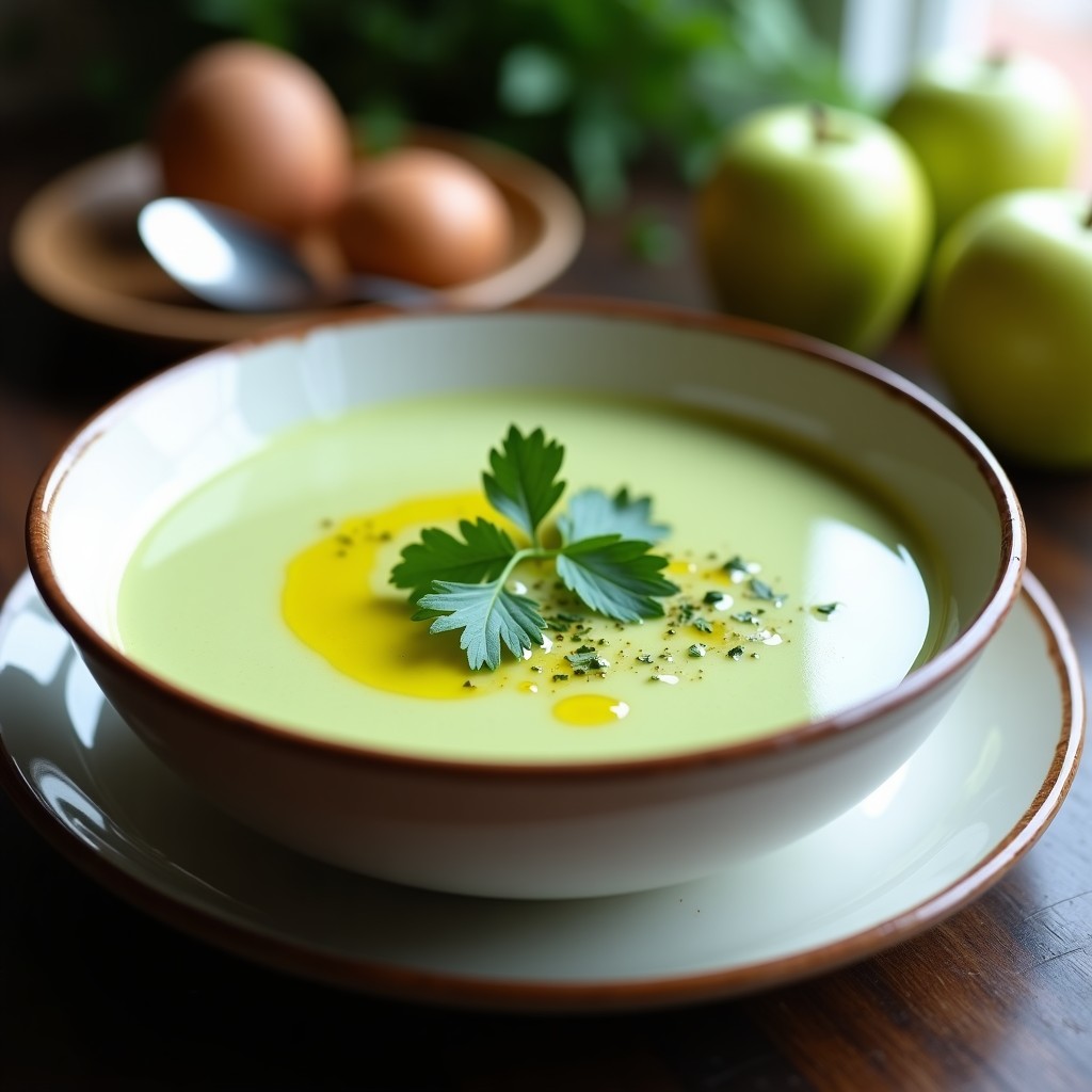 Crema de apio nabo y manzana verde en un bol blanco, decorada con hojas de cilantro fresco y un hilo de aceite de oliva virgen extra, sobre una mesa de madera rústica con fondo desenfocado.