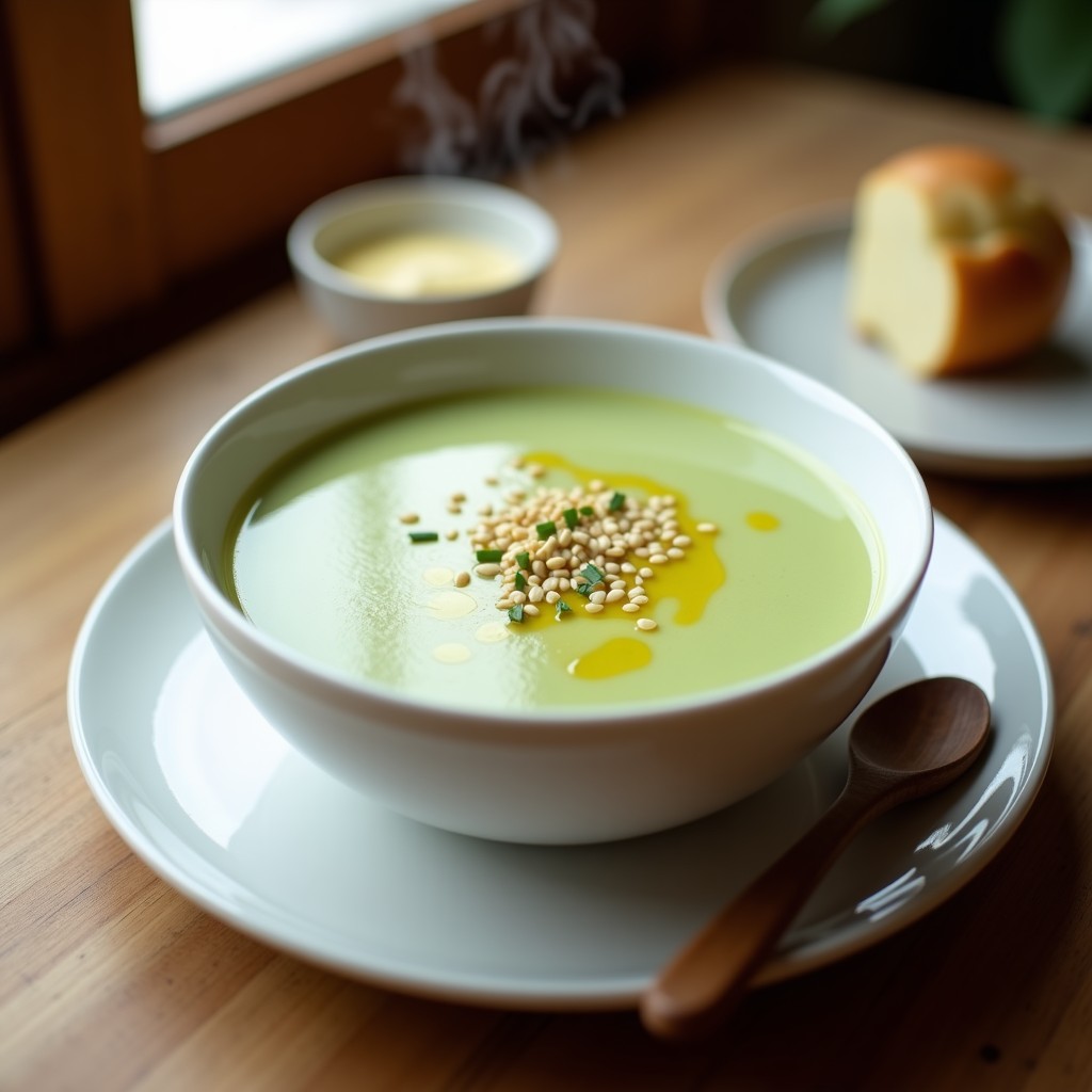 Cuenco negro de cerámica con crema de apio y patata de color beige claro, decorada con un hilo de aceite de oliva y una pizca de pasta de wasabi verde. Fondo de mesa de madera oscura con hojas de apio y una cuchara de madera.