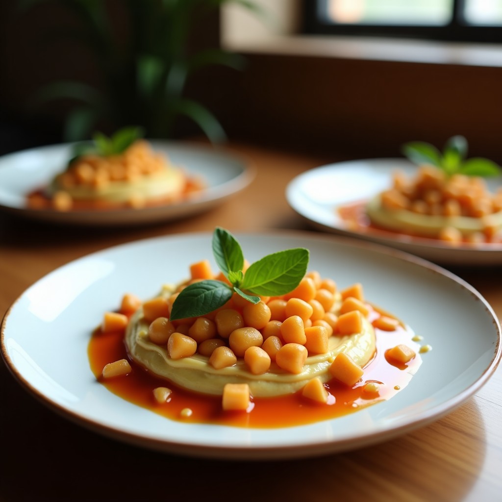 Crema de berenjena y pimiento asado vegana con crujiente de garbanzos y tahini en un plato de cerámica