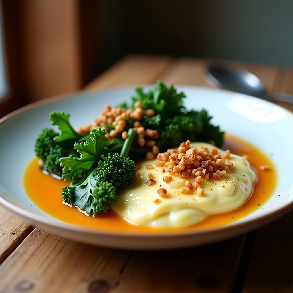 Crema de boniato y jengibre vegana con crujiente de kale en un tazón, lista para servir