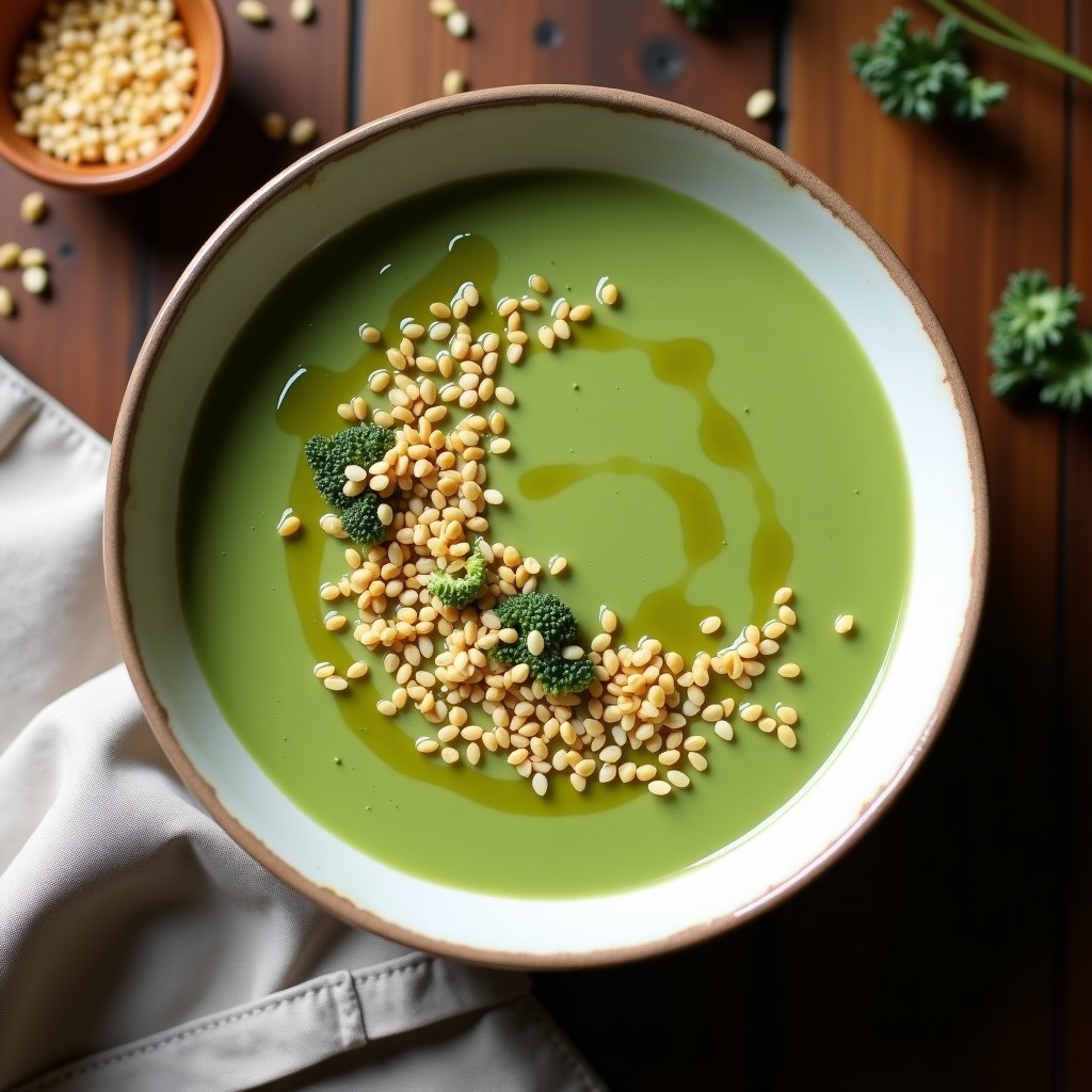 Crema de brócoli y apio de color verde intenso servida en cuenco de cerámica blanca, con crujiente de semillas de sésamo doradas espolvoreadas y un hilo de aceite de oliva. Plato saludable y sin lácteos preparado en airfryer.