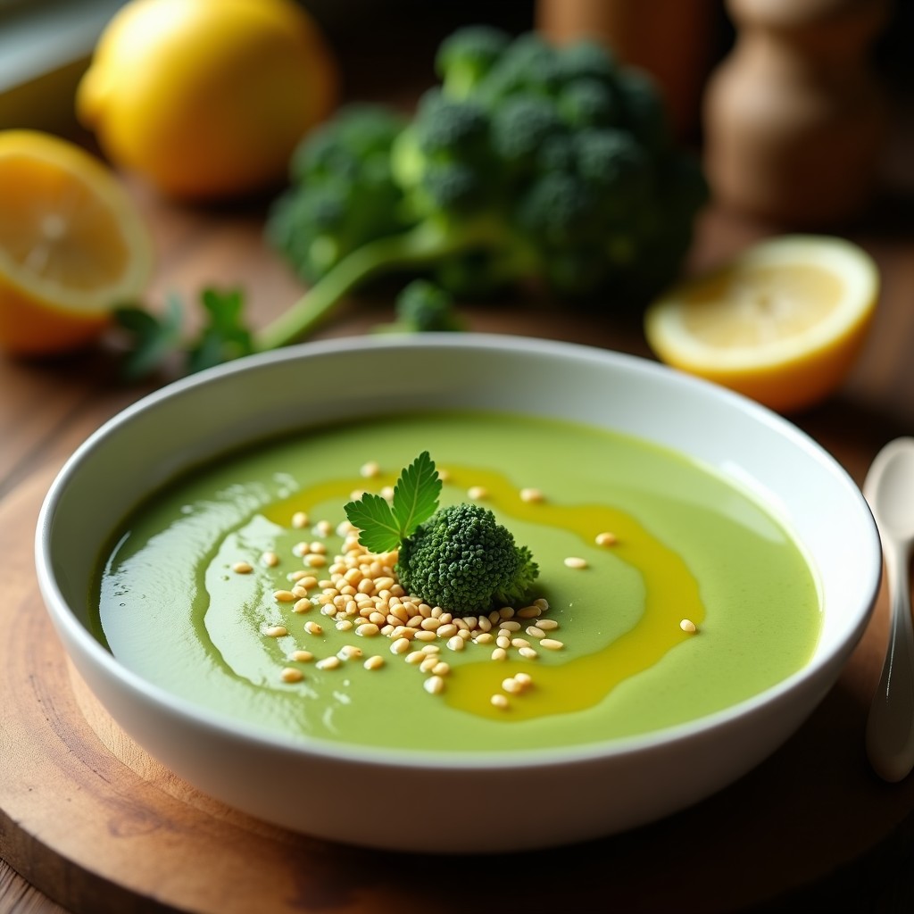 Cuenco de cerámica blanca con crema de brócoli y espinacas de color verde vibrante, decorada con un hilo de aceite de oliva, semillas de sésamo tostadas y una pizca de cúrcuma. Plato antiinflamatorio, sin lácteos y vegano, servido con una cuchara de madera sobre fondo rústico.