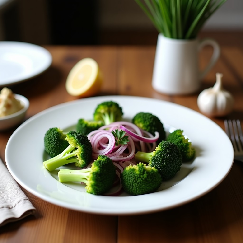 Cuenco blanco hondo con crema de brócoli y espirulina de color verde intenso, decorada con almendras fileteadas y aceitunas kalamata. Plato detox mediterráneo servido con una cuchara de madera sobre fondo rústico de madera clara.