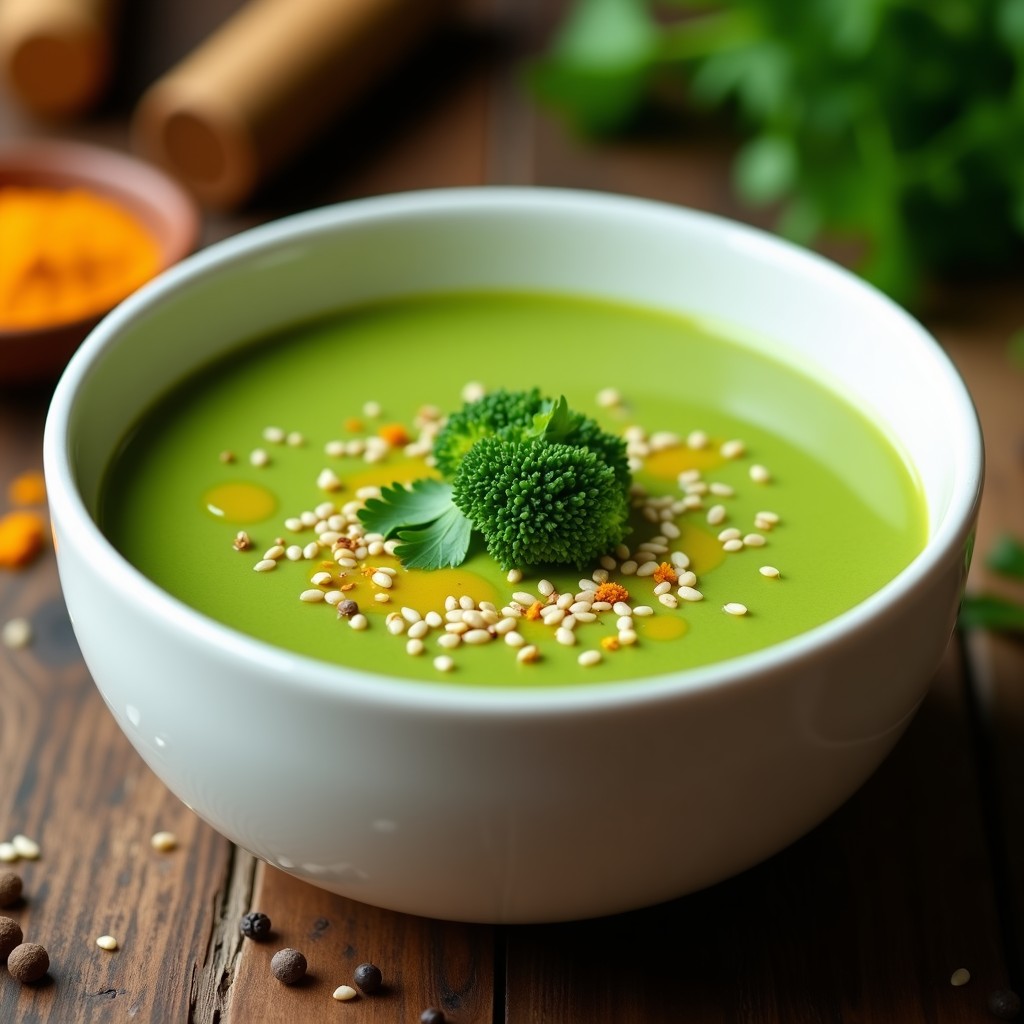 Cuenco de cerámica blanca con crema de brócoli y ghee ayurvédica, textura aterciopelada, decorada con cilantro fresco y semillas de sésamo tostadas, sobre fondo rústico de madera con especias al lado.