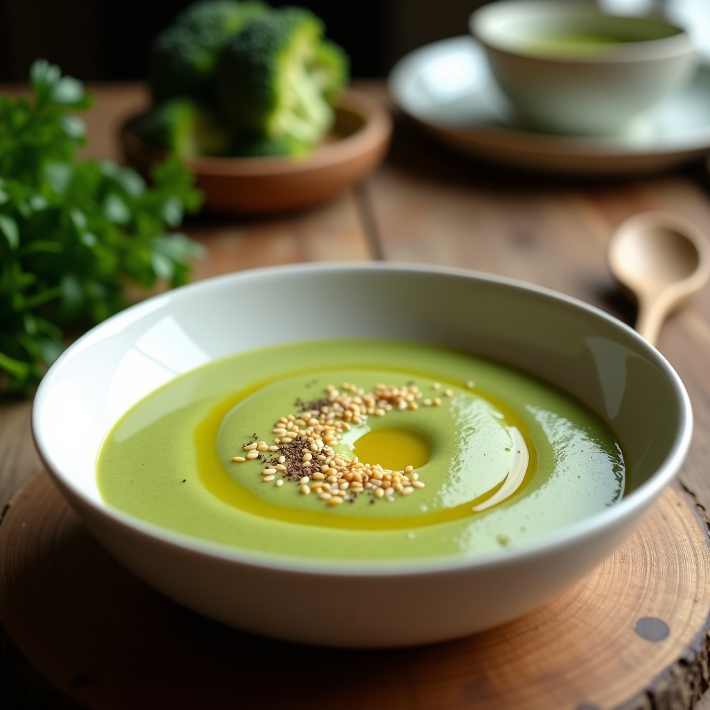 Crema de brócoli y jengibre en cuenco hondo de cerámica blanca, decorada con semillas de sésamo tostadas y un hilo de aceite de oliva, sobre fondo de madera rústica con hierbas frescas.