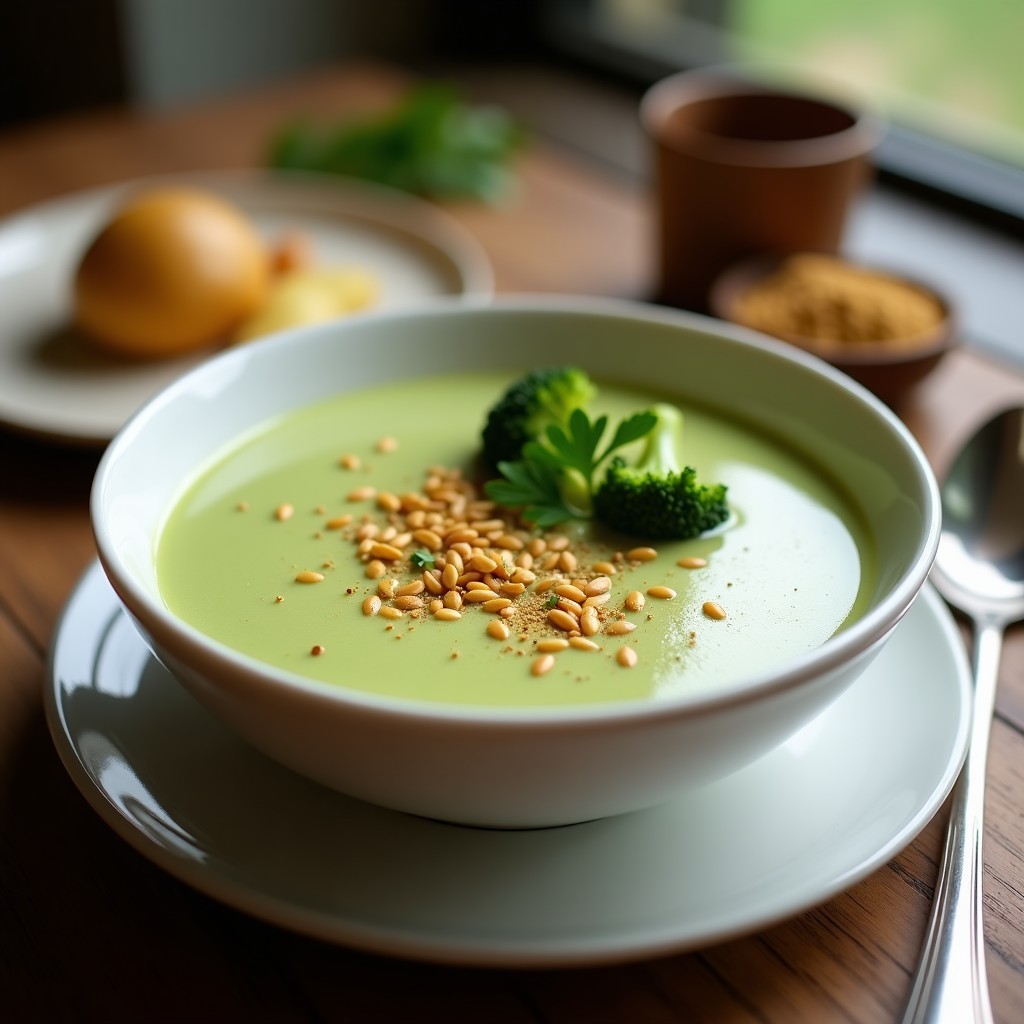 Crema de brócoli y patata con toque de nuez moscada en Thermomix, servida en cuenco de cerámica blanca con semillas de girasol tostadas y perejil fresco picado, fondo rústico de madera.
