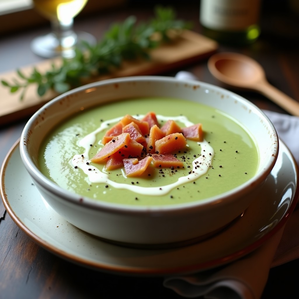 Cuenco hondo de cerámica blanca con crema de brócoli y queso azul espesa, coronada con trocitos dorados de jamón serrano crujiente y pimienta negra. Fondo rústico con servilleta de lino y cuchara de madera.