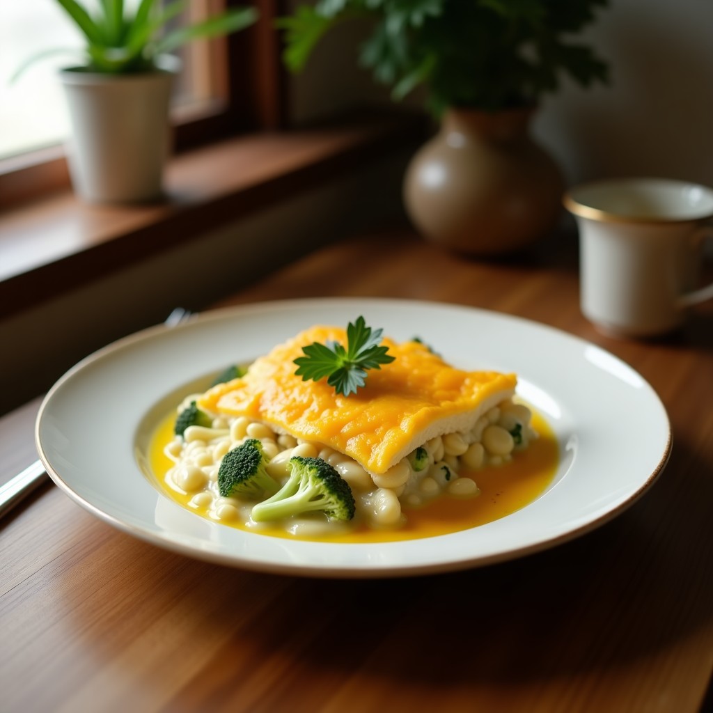 Crema de brócoli y queso cheddar casera con crujiente de cebolla frita, lista para servir en un plato hondo