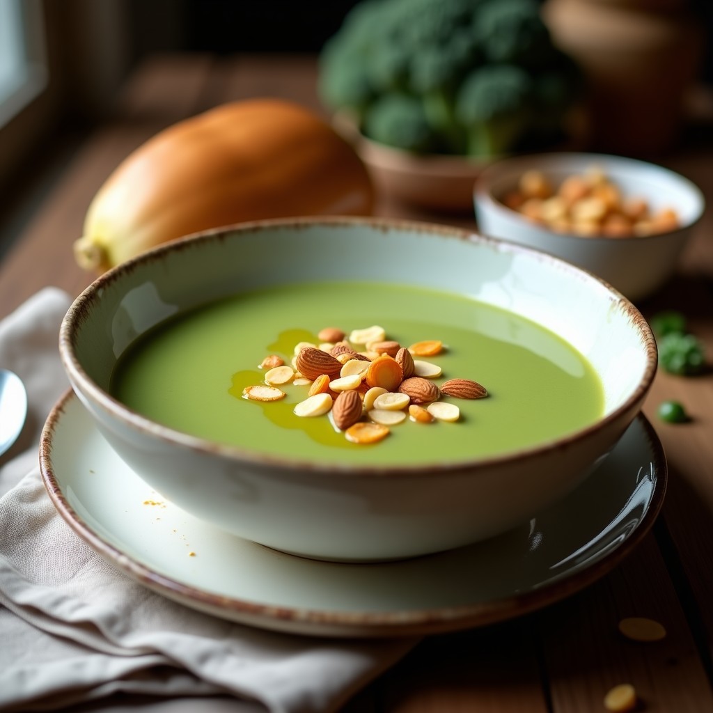 Cuenco hondo de cerámica blanca con crema de brócoli y queso vegano de color verde intenso, decorada con crujientes de almendra dorados y un hilo de aceite de oliva. Plato de fondo oscuro con textura rústica.