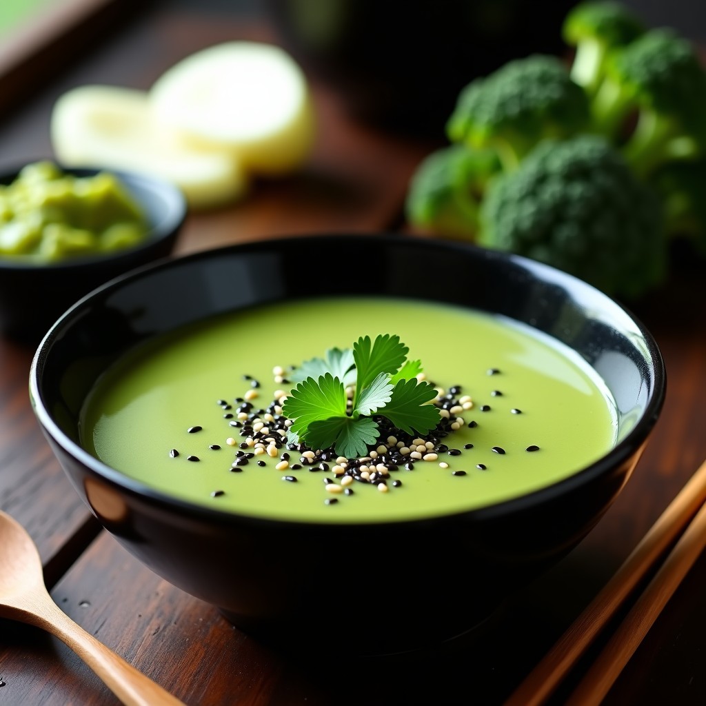 Cuenco hondo de cerámica negra con crema de brócoli y wasabi, decorada con semillas de sésamo negro y cilantro fresco. Fondo de madera oscura con cuchara de madera y rabanito cortado en rodajas. Receta de olla exprés con toque japonés y antiinflamatorio.