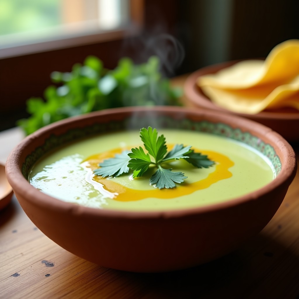 Plato hondo de barro con crema de calabacate de color verde pálido, espolvoreada con cilantro fresco y decorada con un hilo de aceite de oliva. Al fondo, tortillas de maíz y una cuchara de madera.