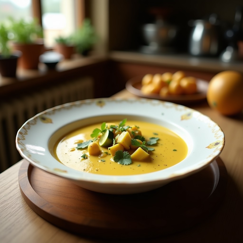 Cuenco blanco con crema de calabacate y coco espesa, decorada con cilantro fresco y un espiral de leche de coco, acompañada de una cucharita de madera. Plato de fondo rústico con especias esparcidas.