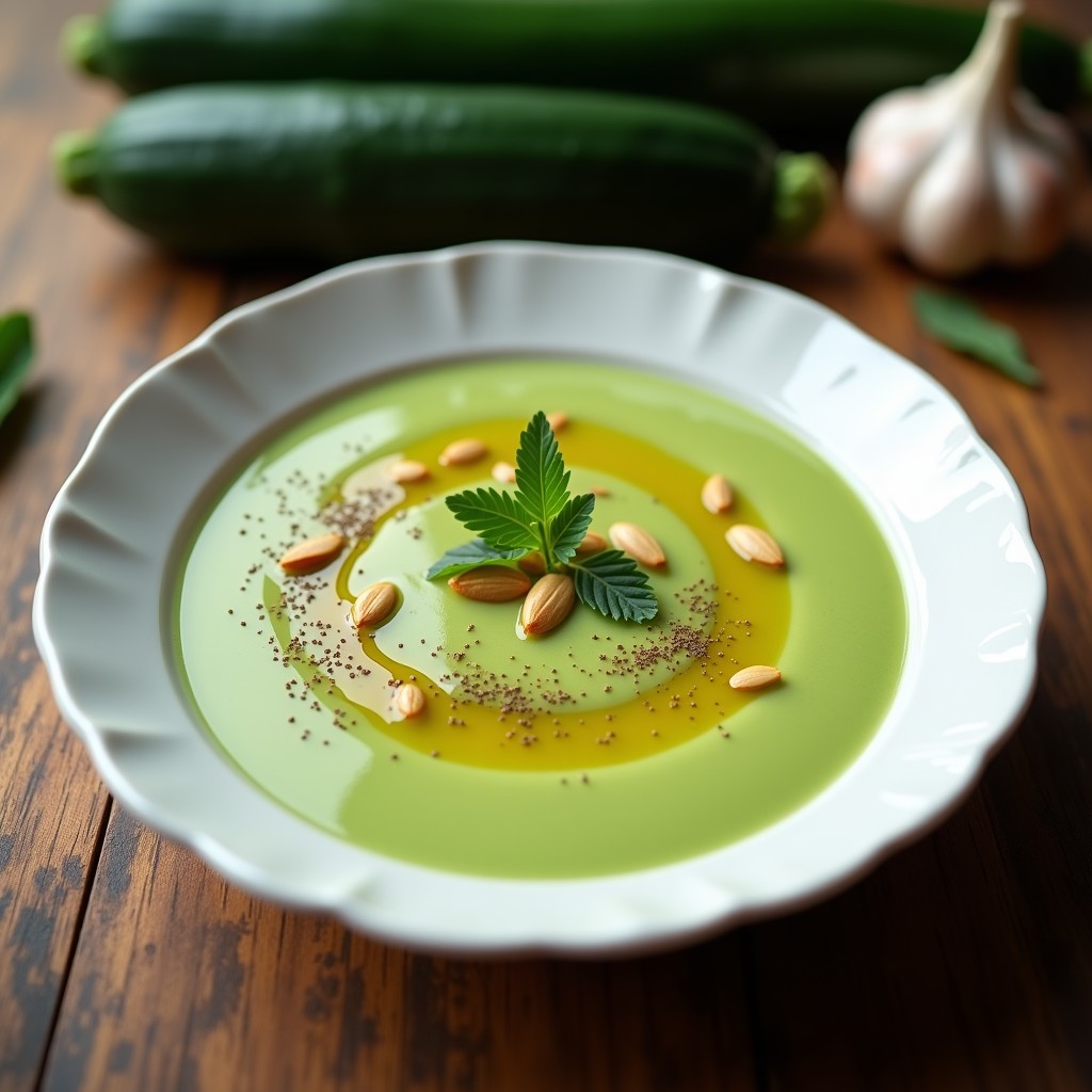 Cuenco blanco con crema de calabacín y ajo negro en Thermomix, textura sedosa, decorada con hilo de aceite de oliva y semillas de calabaza tostadas sobre fondo de madera rústica.