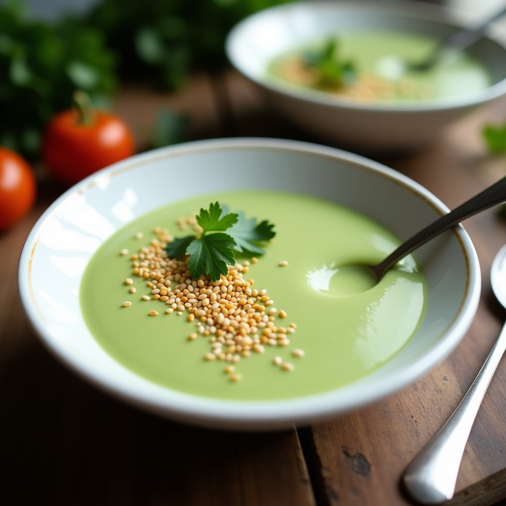 Cuenco blanco con crema de calabacín verde claro, decorada con ajonjolí tostado dorado y hojas de cilantro fresco sobre fondo rústico de madera.