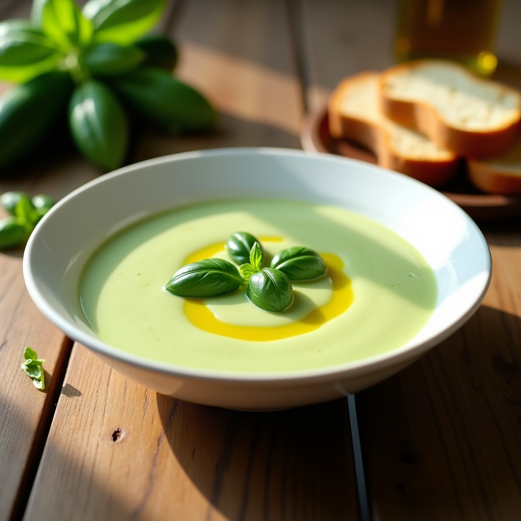 Cuenco blanco con crema de calabacín y albahaca en airfryer, textura sedosa y color verde claro, decorada con hojas de albahaca fresca y un hilo de aceite de oliva.