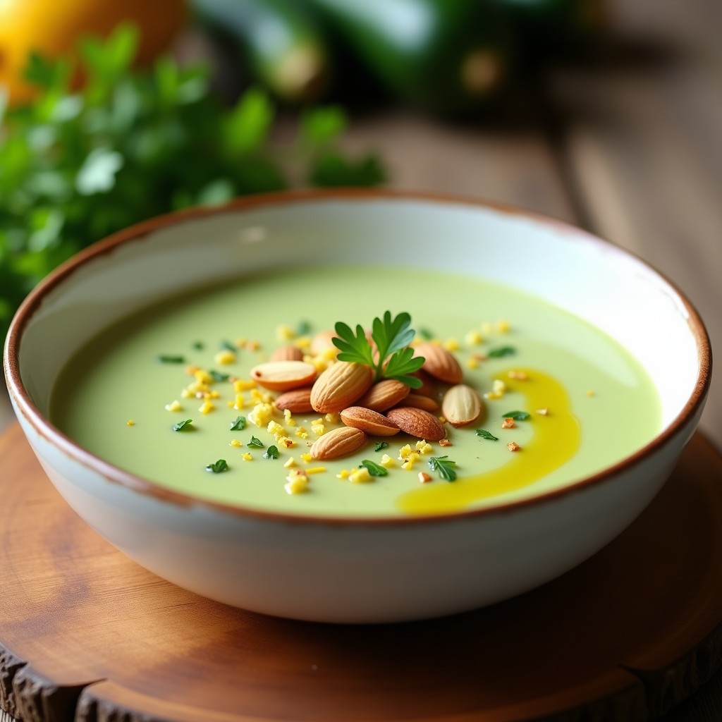 Cuenco blanco con crema de calabacín suave de color verde claro, decorada con almendras fileteadas doradas, perejil picado y zest de limón, sobre fondo de madera rústica.