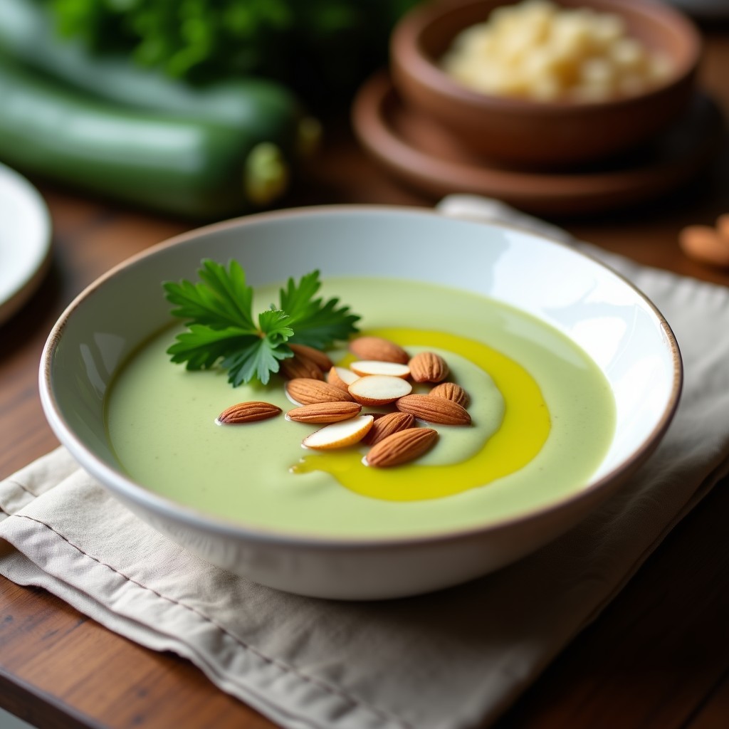 Crema de calabacín y almendras en Thermomix, servida en cuenco blanco con almendras tostadas y perejil fresco, textura sedosa y color verde claro.