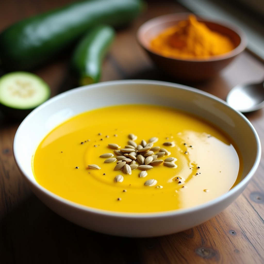 Cuenco blanco con crema de calabacín y cúrcuma de color dorado, decorada con semillas de calabaza y un hilo de aceite de oliva, receta airfryer.