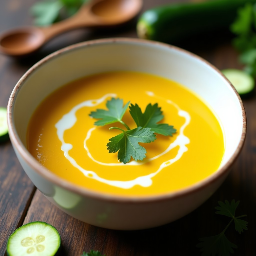 Cuenco blanco con crema de calabacín y cúrcuma de color dorado brillante, decorada con cilantro fresco y un hilo de aceite de oliva virgen extra sobre fondo rústico de madera.