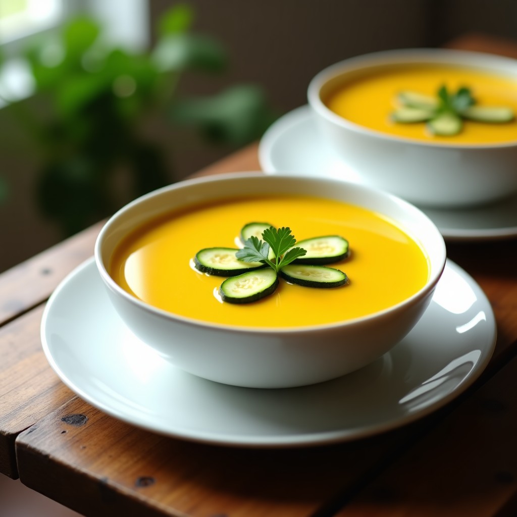Cuenco blanco con crema de calabacín y cúrcuma de color dorado, decorada con rodajas de calabacín fresco, hojas de cilantro y un hilo de aceite de oliva, servida sobre una mesa de madera rústica.