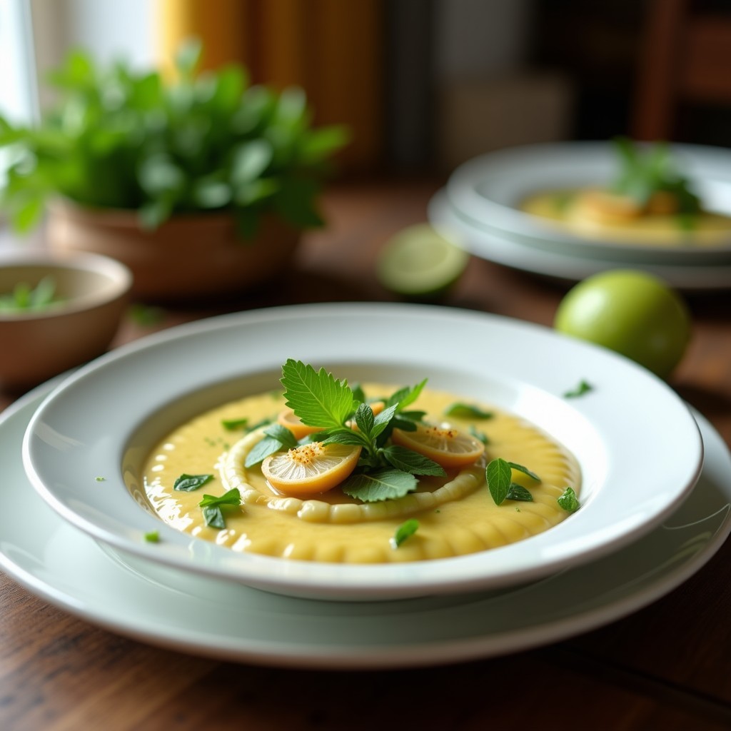 Crema de calabacín y menta con crujiente de pipas y lima en un tazón blanco, lista para servir