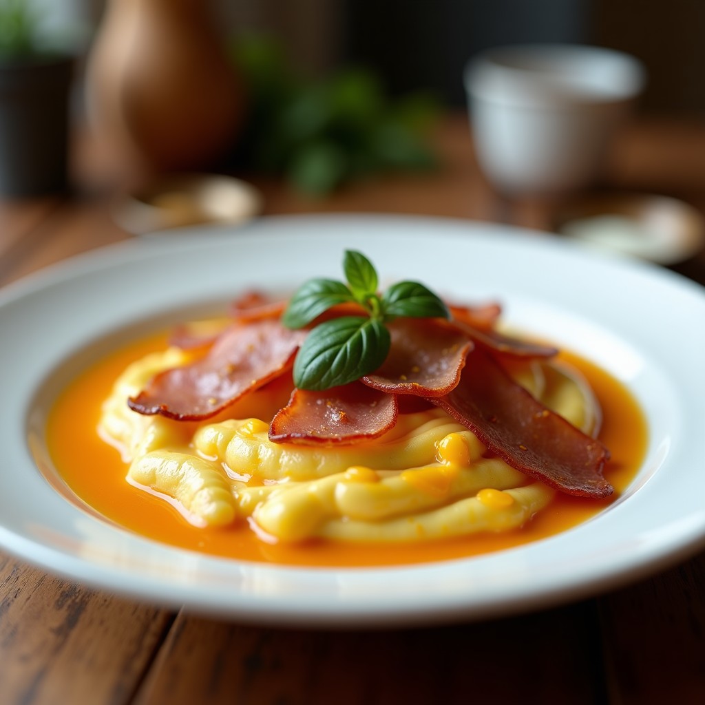 Crema de calabacín y puerro con huevo pochado y crujiente de jamón, receta saludable y fácil de preparar