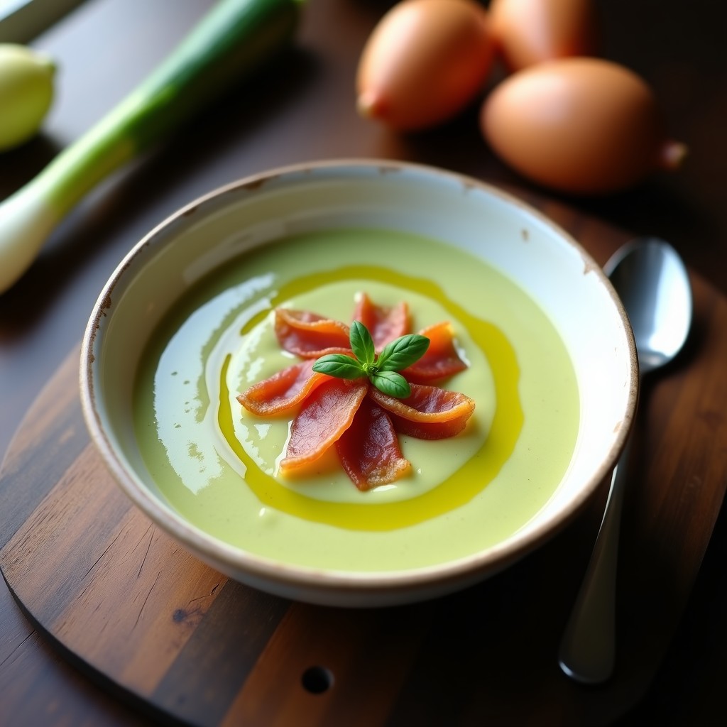 Crema de calabacín y puerro con crujiente de jamón serrano, lista en 25 minutos