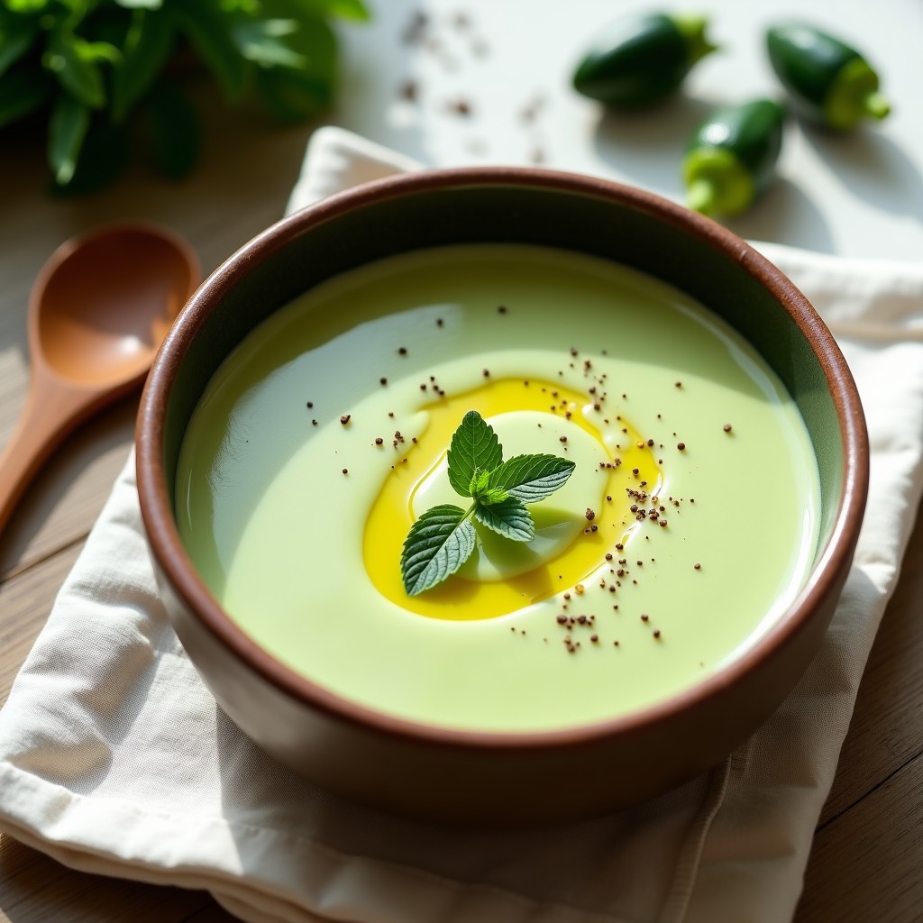 Crema de calabacín fresca y saludable en un tazón, lista para ser disfrutada