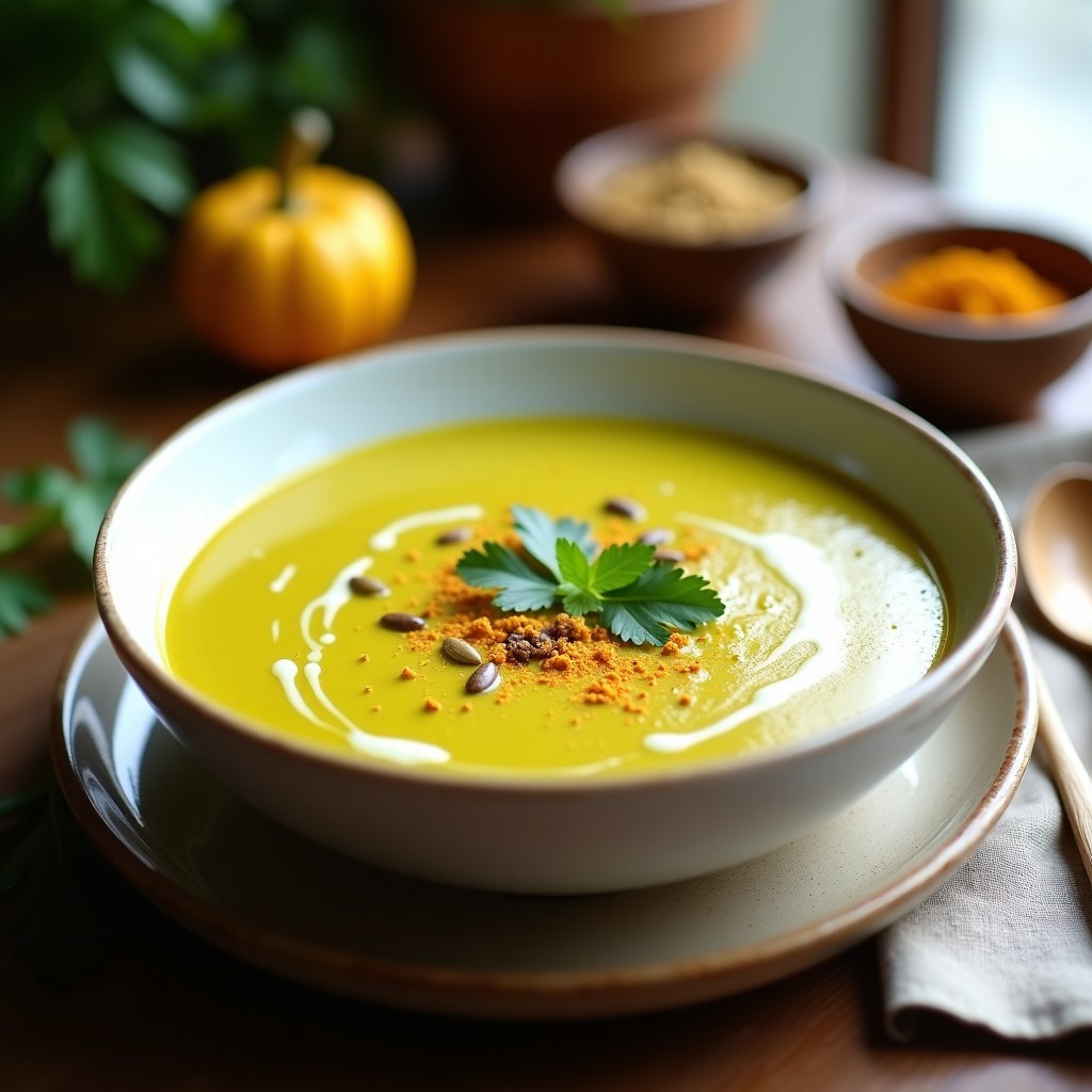 Cuenco blanco con crema de calabacín suave y dorada, espolvoreada con curry y cilantro fresco, acompañada de semillas de calabaza tostadas.