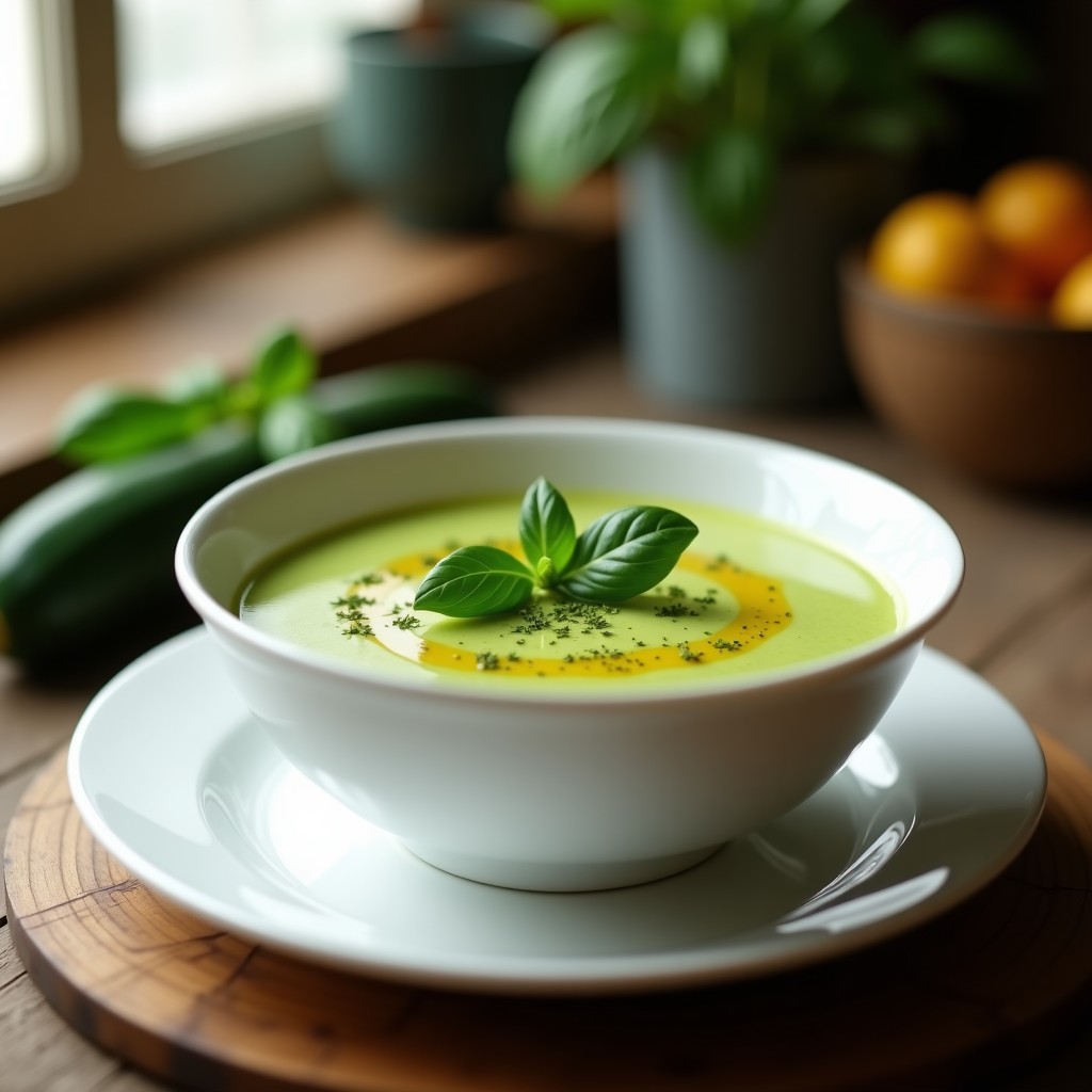 Cuenco blanco con crema de calabacita y albahaca en Thermomix, decorada con hojas de albahaca fresca y un hilo de aceite de oliva virgen extra sobre fondo de madera rústica.