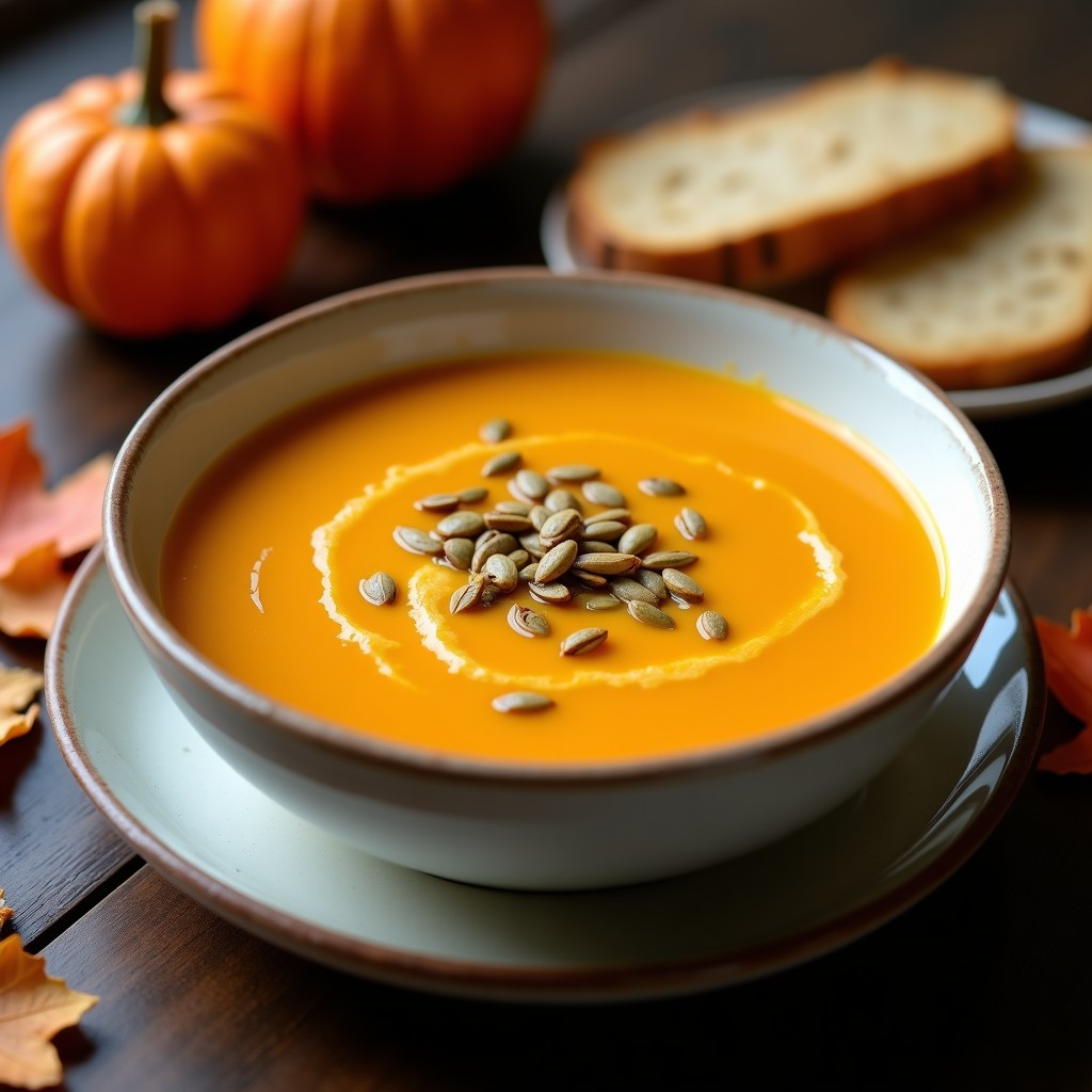 Cuenco de cerámica blanca con crema de calabaza y ajo negro, decorada con semillas de calabaza tostadas y un hilo de aceite de oliva virgen extra, sobre fondo rústico de madera.