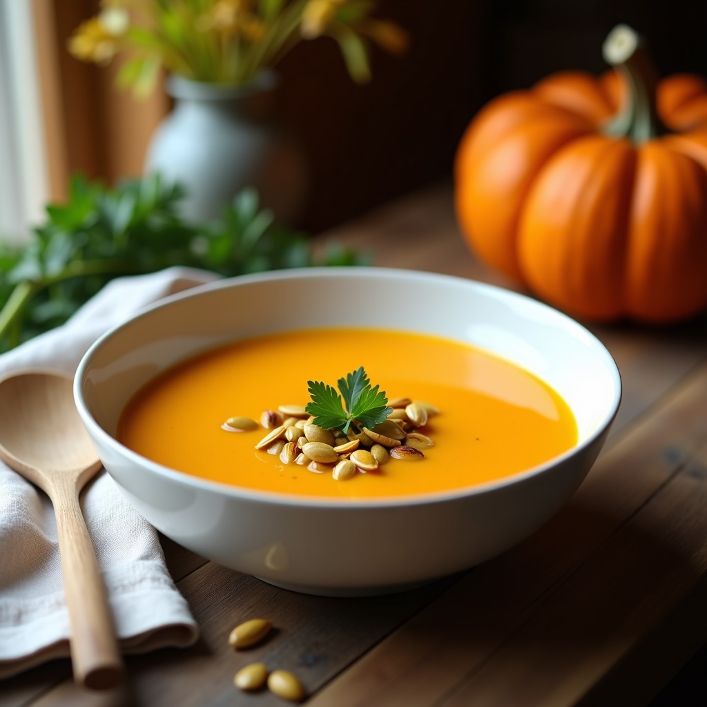 Cuenco de cerámica blanca con crema de calabaza y apio vegana, decorada con perejil fresco y semillas de calabaza, servida sobre una mesa de madera con cucharón de madera.