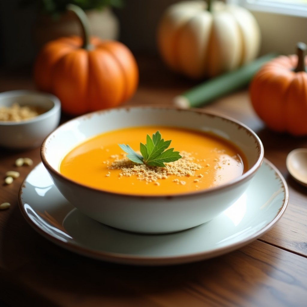 Cuenco de cerámica blanca con crema de calabaza y apio, espolvoreada con nuez moscada rallada y decorada con hojas de apio fresco, sobre fondo rústico de madera.